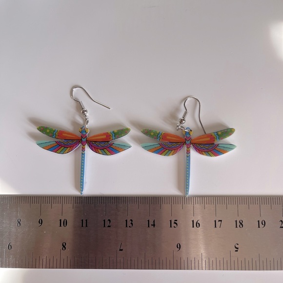 Handmade Acrylic Dragonfly Dangle Drop Earrings hook is surgical steel - Picture 2 of 2